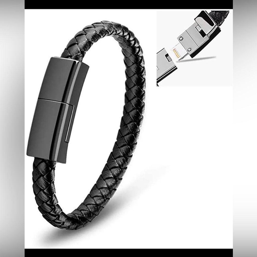 Leather Braided Black 2.4A Fast Charging Cable Bracelet USB to iPhone.